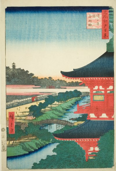 La pagoda del tempio Zojo e Akabane (Zojoji to, Akabane), n. 53 della serie "Cento vedute famose di Edo (Meisho Edo hyakkei)". da Utagawa Hiroshige