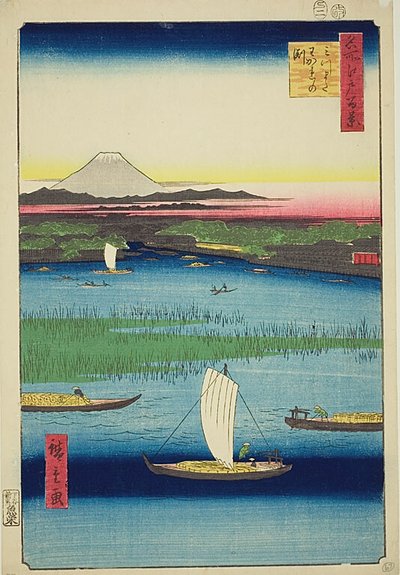 La profondità del fiume a tre punte (Mitsumata Wakarenofuchi), n. 57 della serie "Cento vedute famose di Edo (Meisho Edo hyakkei)". da Utagawa Hiroshige