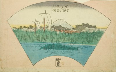 La Profondità della Separazione del Fiume a Tre Rami a Nakasu (Nakasu Mitsumata Wakarenofuchi), sezione di un foglio dalla serie "Immagini Ritagliate di Luoghi Famosi di Edo (Edo meisho harimaze zue)" da Utagawa Hiroshige