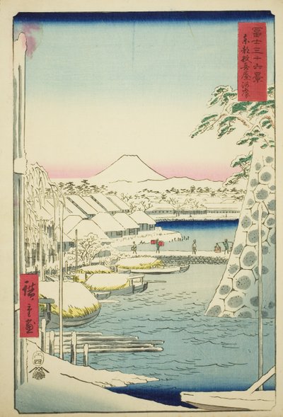 La riva del fiume a Sukiya nella capitale orientale (Toto Sukiyagashi), dalla serie "Trentasei vedute del Monte Fuji (Fuji sanjurokkei)" da Utagawa Hiroshige