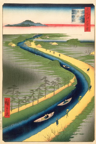 Barche da traino lungo il canale Yotsugi-dori, tavola 33 dalla serie Cento famosi paesaggi di Edo, Periodo Edo, Era Ansei, 1857 da Utagawa Hiroshige
