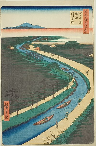 Rimorchiatori lungo il canale Yotsugidori (Yotsugidori yosui hikifune), n. 33 della serie "Cento vedute famose di Edo (Meisho Edo hyakkei)". da Utagawa Hiroshige