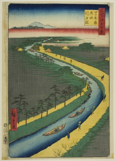 Rimorchiatori lungo il canale Yotsugidori (Yotsugidori yosui hikifune), dalla serie "Cento vedute famose di Edo (Meisho Edo hyakkei)". da Utagawa Hiroshige