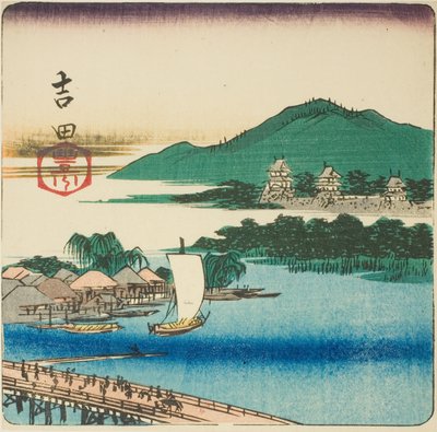 Fiume Toyo a Yoshida (Yoshida, Toyokawa), sezione di un foglio dalla serie "Ritagli delle cinquantatré stazioni (Gojusan tsugi harimaze)" da Utagawa Hiroshige