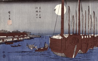 Isola di Tsukudajima e il distretto di Fukagawa sotto la luna piena, dalla serie 