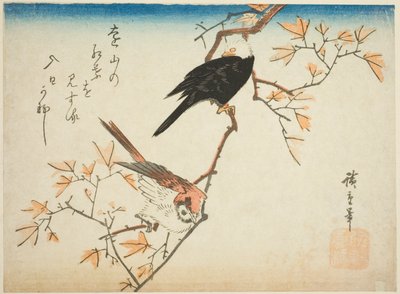 Due uccelli su un ramo di acero da Utagawa Hiroshige