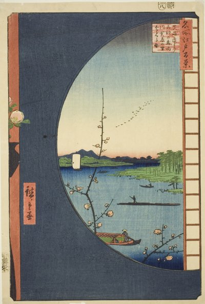 Vista da Massaki del santuario Suijin, insenatura Uchigawa e Sekiya, dalla serie "Cento famose vedute di Edo" da Utagawa Hiroshige