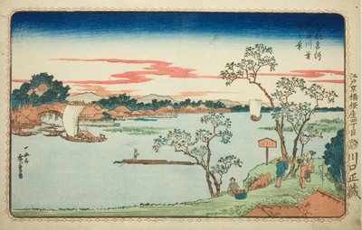 Vista degli alberi di ciliegio lungo il fiume Sumida (Sumidagawa hazakura no kei), dalla serie "Vedute famose della capitale orientale (Toto Meisho)" da Utagawa Hiroshige