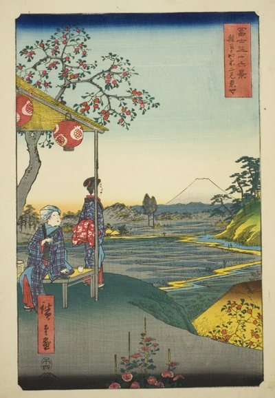 Vista del Monte Fuji da una casa da tè a Zoshigaya (Zoshigaya Fujimi chaya), dalla serie "Trentasei vedute del Monte Fuji (Fuji sanjurokkei)" da Utagawa Hiroshige