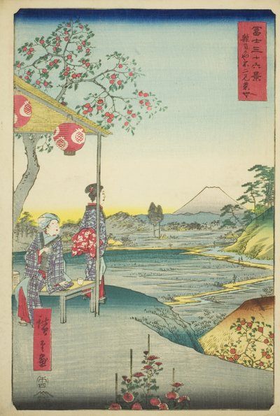 Vista del Monte Fuji da una casa da tè a Zoshigaya (Zoshigaya Fujimi chaya), dalla serie "Trentasei vedute del Monte Fuji (Fuji sanjurokkei)" da Utagawa Hiroshige