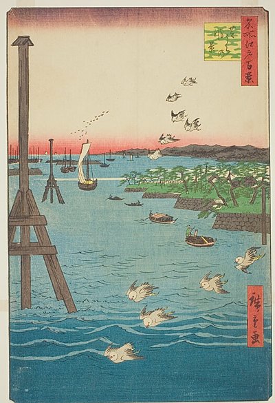 Veduta della costa di Shiba (Shibaura no kei), con sfumature di acqua azzurra, n. 108 della serie Cento vedute famose di Edo (Meisho Edo hyakkei) da Utagawa Hiroshige