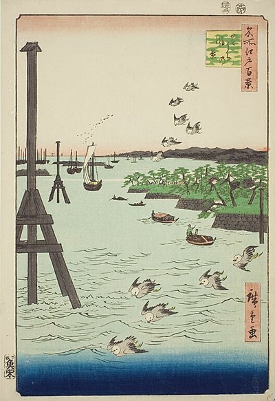 Veduta della costa di Shiba (Shibaura no kei), con acqua blu molto chiara e scura, n. 108 della serie Cento vedute famose di Edo (Meisho Edo hyakkei) da Utagawa Hiroshige