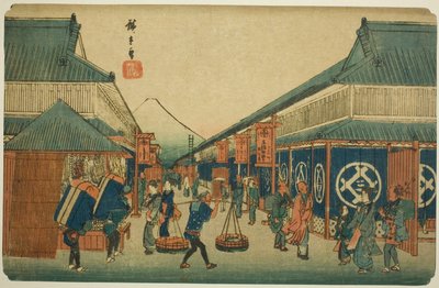 Vista di Surugacho (Surugacho no zu), dalla serie "Luoghi famosi della capitale orientale (Toto meisho)" da Utagawa Hiroshige