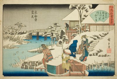 Guardando la Neve al Ristorante Uekiya al Tempio Mokubo (Mokuboji yukimi, Uekiya) dalla serie "Ristoranti Famosi di Edo (Edo komei kaitei zukushi)" da Utagawa Hiroshige
