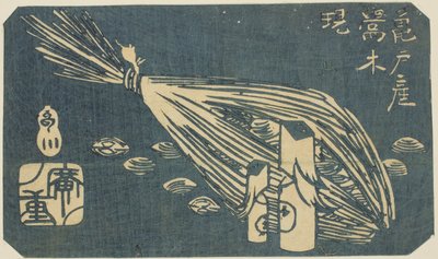 Intagli di Usignoli e Vongole di Kameido (Kameido san Uguisu ki shijimi), sezione di un foglio dalla serie "Ritagli di Luoghi Famosi di Edo (Harimaze Koto meisho)" da Utagawa Hiroshige