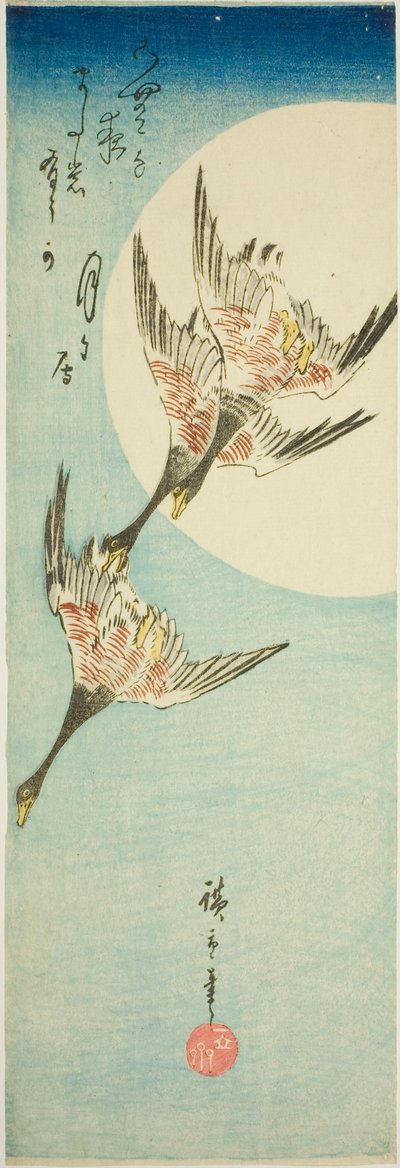 Oche selvatiche che volano attraverso la luna piena da Utagawa Hiroshige