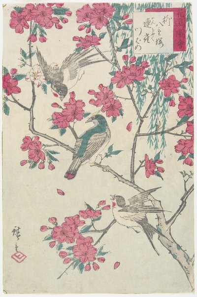 Salice, fiori di ciliegio, passeri e rondine, inizio XIX secolo da Utagawa Hiroshige