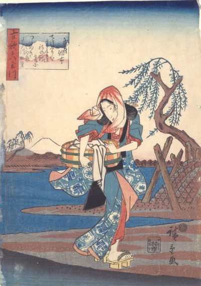 Donna che lava i vestiti al fiume Chofu: Sei fiumi Tama da Utagawa Hiroshige