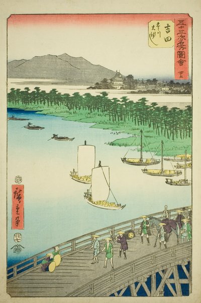 Yoshida: Grande ponte sul fiume Toyo (Yoshida, Toyokawa ohashi), n. 35 dalla serie "Luoghi famosi delle cinquantatré stazioni (Gojusan tsugi meisho zue)", noto anche come il Tokaido verticale da Utagawa Hiroshige