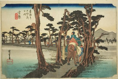 Yoshiwara: Monte Fuji a sinistra, dalla serie "Le cinquantatré stazioni della strada Tokaido", anche conosciuta come la Tokaido di Hoeido da Utagawa Hiroshige