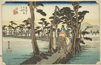 Yoshiwara: Monte Fuji a sinistra (Yoshiwara, hidari Fuji), dalla serie "Le cinquantatré stazioni della strada Tokaido (Tokaido gojusan tsugi no uchi)," conosciuta anche come Hoeido Tokaido da Utagawa Hiroshige