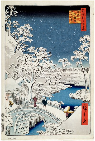 Collina Yuhi e il ponte del tamburo a Meguro, Cento vedute famose di Edo da Utagawa Hiroshige