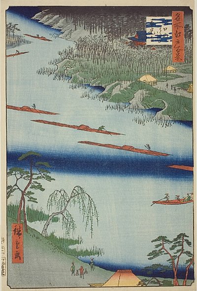 Tempio Zenkoji e traghetto di Kawaguchi (Kawaguchi no watashi Zenkoji) con striscia blu scuro, n. 20 della serie "Cento vedute famose di Edo (Meisho Edo hyakkei)". da Utagawa Hiroshige