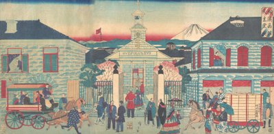 Illustrazione delle Residenze Straniere e della Chiesa Cattolica a Yokohama, 10° mese, 1870 da Utagawa Hiroshige III