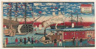 Immagine di una locomotiva lungo il lungomare di Yokohama, periodo Edo da Utagawa Hiroshige III