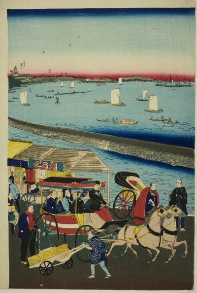 Immagine della ferrovia a vapore a Yatsuyama, Tokyo (Tokyo Yatsuyama shita kaigan jokisha tetsudo no zu) da Utagawa Hiroshige III