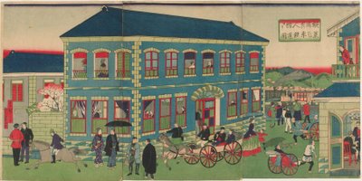 Immagine del treno a vapore dagli Stabilimenti Stranieri di Yokohama, era Meiji da Utagawa Hiroshige III