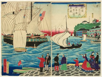 Vista Reale degli Edifici Stranieri lungo il Lungomare Visti dai Moli di Yokohama da Utagawa Hiroshige III