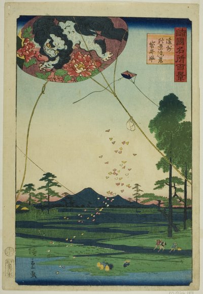 Aquiloni di Fukuroi e Vista Distante di Akiba nella Provincia di Totomi, dalla serie "Cento Vedute Famose nelle Varie Province" da Utagawa Hiroshige II