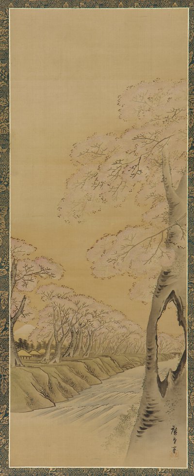 Paesaggio: ciliegi in fiore lungo le rive di un ruscello, periodo Edo, 1615-1868 da Utagawa Hiroshige II