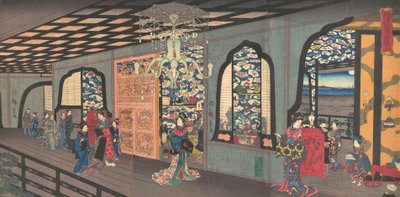 Piano Superiore della Casa da Tè Gankiro a Yokohama, 4° mese, 1860 da Utagawa Hiroshige II