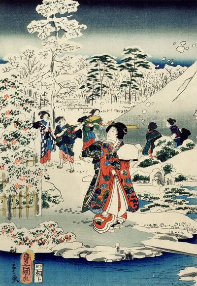 Cameriere in un giardino coperto di neve da Utagawa and Hiroshige II Utagawa Kunisada