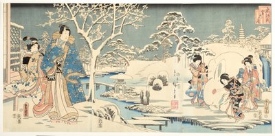 Un Genji orientale in un giardino innevato, 1854 da Utagawa Hiroshige and Kunisada