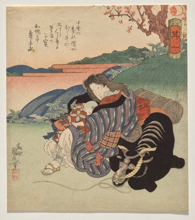 Donna e ragazzo che riposano contro un bue da Utagawa Kunimaru