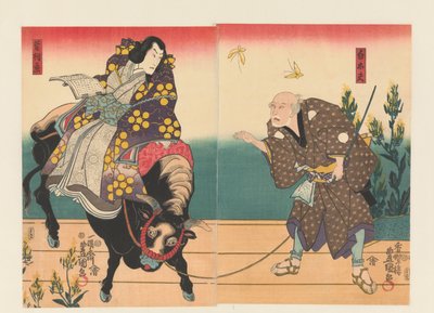 Contadino accompagna cortigiano su bue nero da Utagawa Kunisada (I)