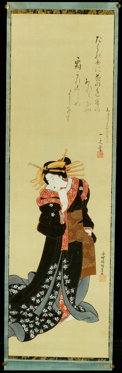 Una Cortigiana in Piedi in un Kimono Nero con Fiori Bianchi che Tiene un Foglio di Carta da Utagawa Kunisada