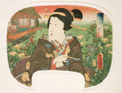 Autunno, Hanayashiki: Una geisha con una pipa, disegno per un ventaglio da un set di quattro che illustrano le stagioni da Utagawa Kunisada