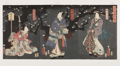 Godendo dei fiori di prugna nella nebbia primaverile: Sodenokō (R), Ashikaga Mitsuuji (C), e Katsuragi (L) da Utagawa Kunisada