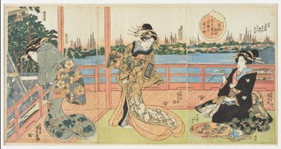 Shinmachi a Osaka: cortigiane di alto rango si divertono al ristorante Ukamuse, dalla serie «Ristoranti famosi nelle province» da Utagawa Kunisada
