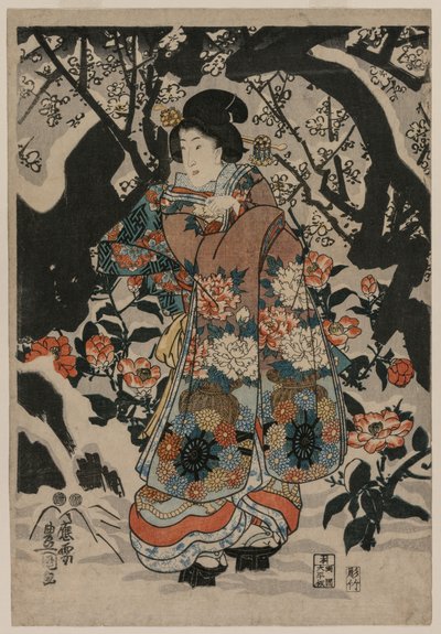 Donna in piedi accanto a un albero di prugne, c. 1850 da Utagawa Kunisada