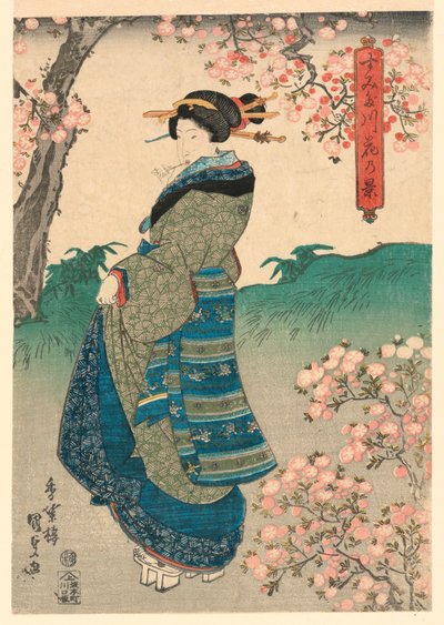 Donna che osserva i fiori di ciliegio sulla riva del fiume Sumida (Sumidagawa hana no kei) da Utagawa Kunisada