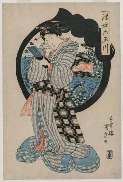 Donna con uno specchio a mano dalla serie I sei fiumi Tama del mondo fluttuante da Utagawa Kunisada