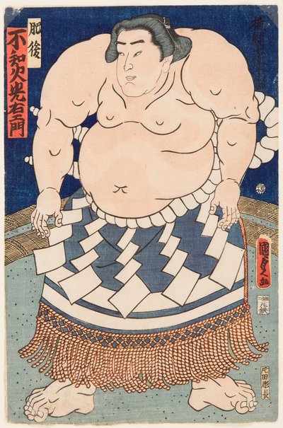 Ritratto del lottatore di sumo Shiranui Mitsuemon con un grembiule rituale da Utagawa Kunisada II