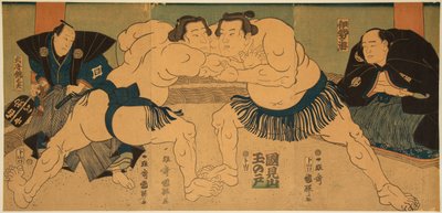 Combattimento di lottatori di sumo, Tagasugo contro Ayusegawa da Utagawa Kuniteru