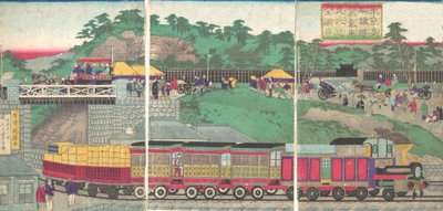 Illustrazione di una locomotiva a vapore che corre sulla ferrovia di Takanawa a Tokyo, ca. 1873 da Utagawa Kuniteru