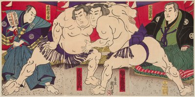 Combattimento di lottatori di sumo Umegatani Rodachi e Kimura Shonosuke da Utagawa Kunitoshi
